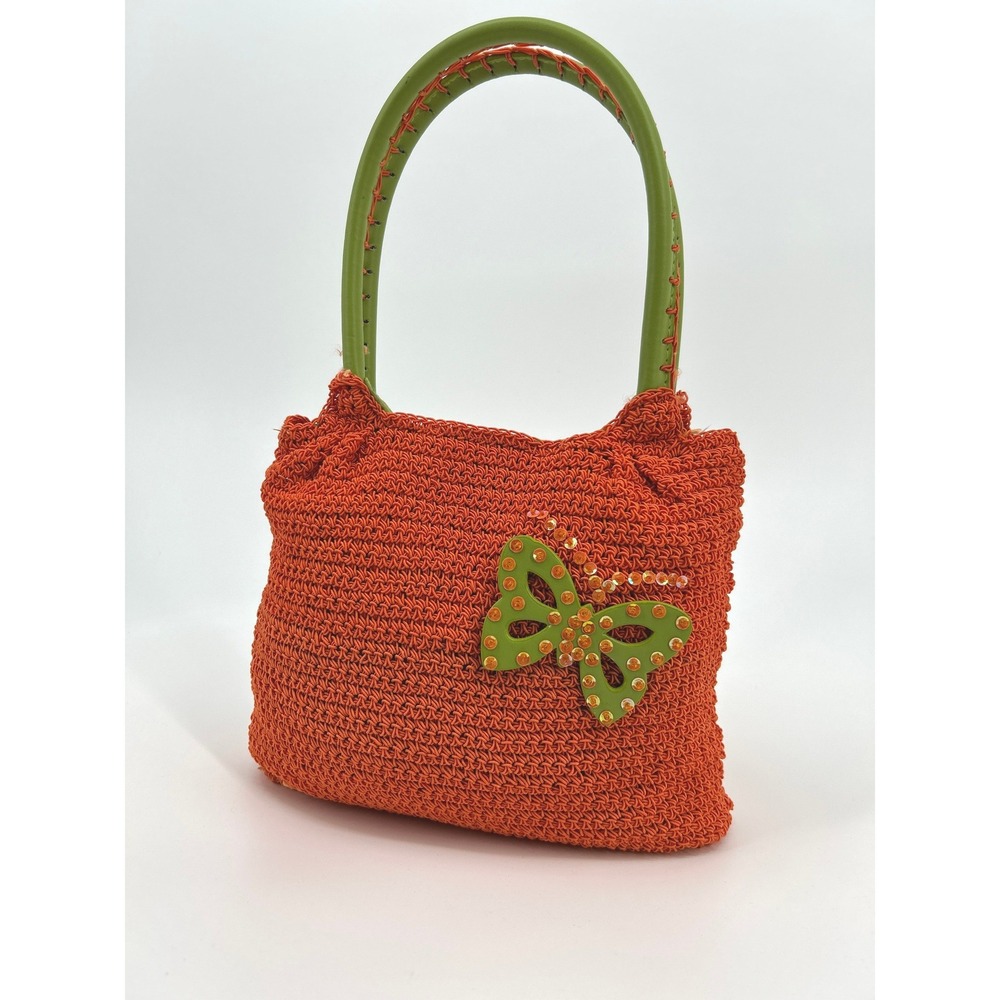 Vintage Crochet Butterfly Handbag Orange Green Sequin Rhinestone Woven Tote Bag